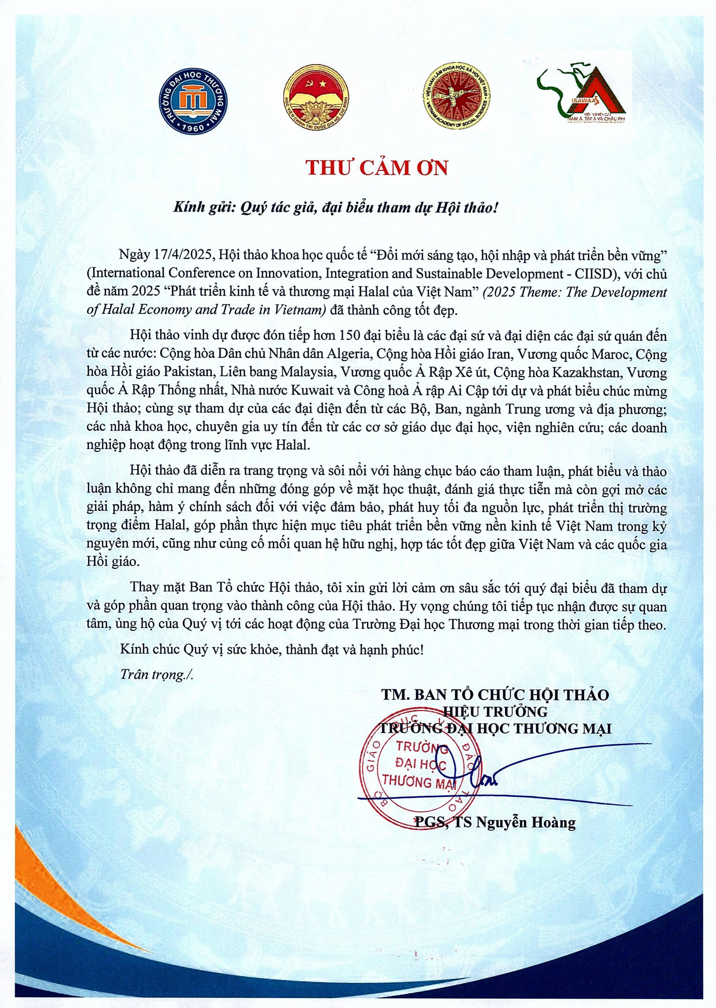 Thư cảm ơn của Ban Tổ chức Hội thảo khoa học quốc tế: “Đổi mới sáng tạo, hội nhập và phát triển bền vững” (CIISD)