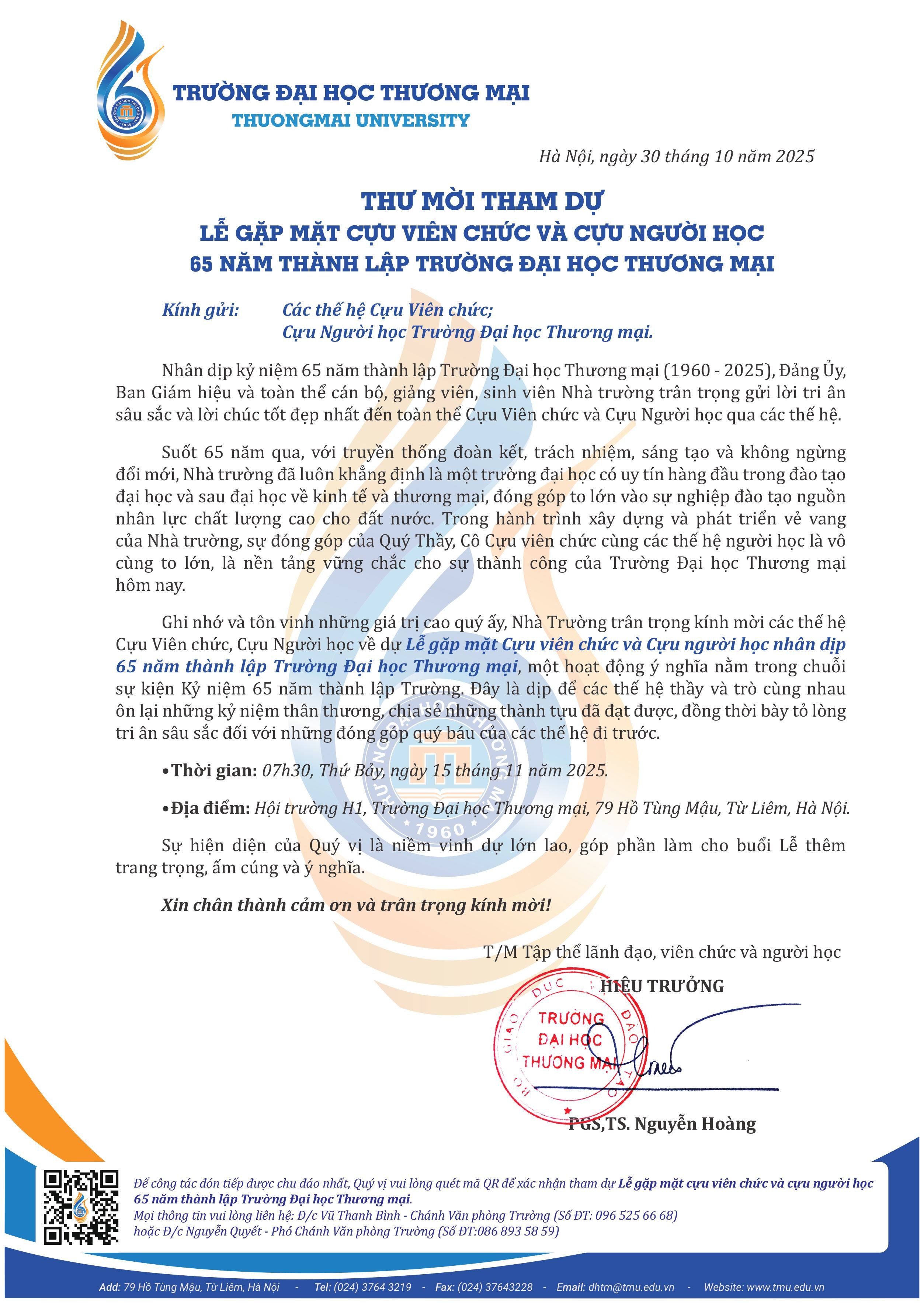 Thư mời tham dự Lễ gặp mặt Cựu Viên chức và Cựu Người học nhân dịp kỷ niệm 65 năm thành lập Trường Đại học Thương mại