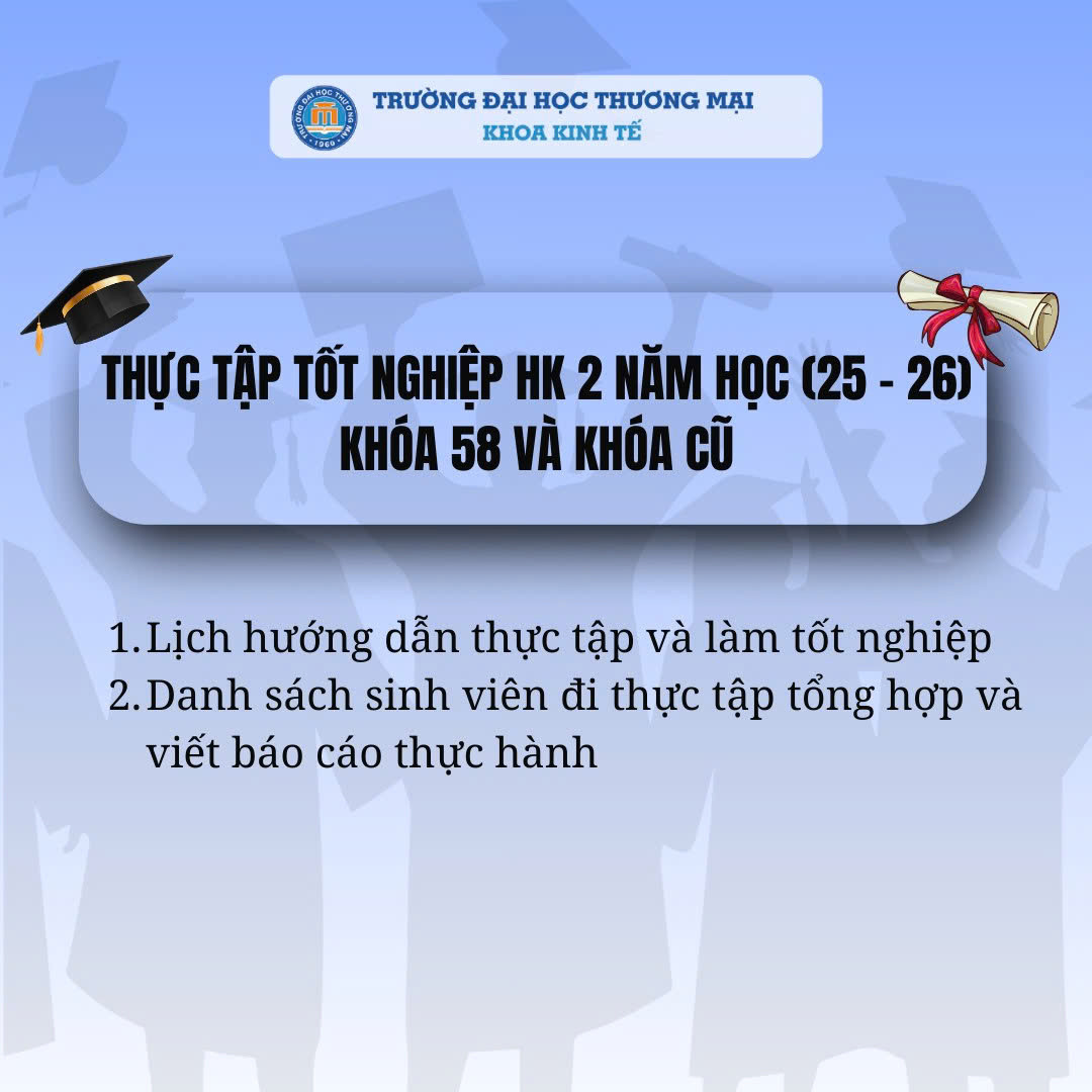 LỊCH HƯỚNG DẪN THỰC TẬP VÀ LÀM TỐT NGHIỆP HỌC KỲ 2 NĂM HỌC 2025-2026 SINH VIÊN ĐHCQ K58 VÀ KHOÁ CŨ