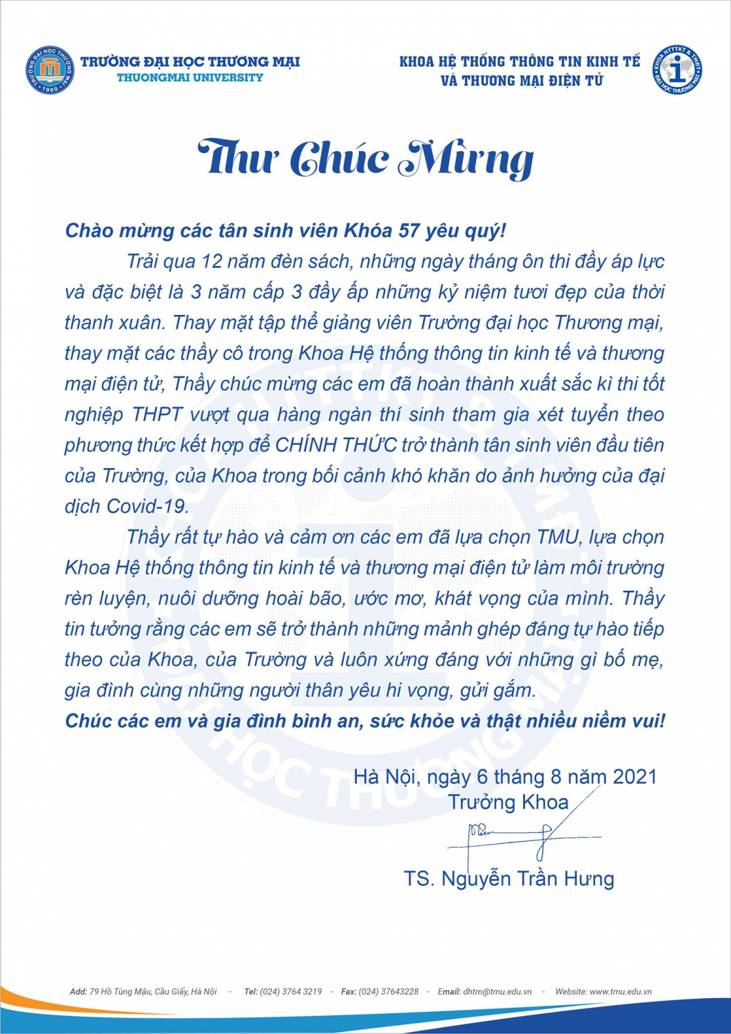 THƯ CHÚC MỪNG